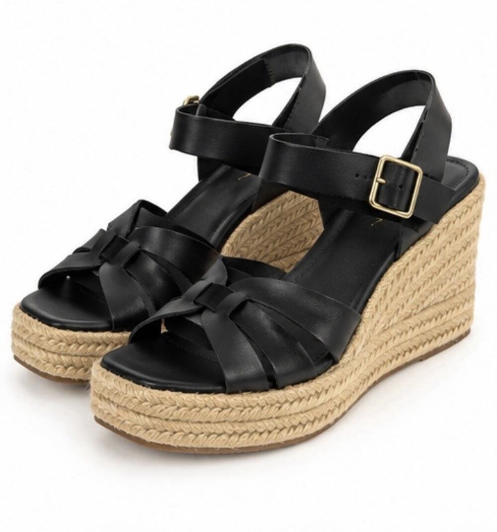 Time and Tru Women’s Size 7 Black Espadrille Wedge Sandals Ankle Strap